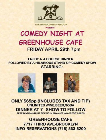 Flyer for Comedy Night at Greenhouse Cafe on April 29th at 7pm in Brooklyn,