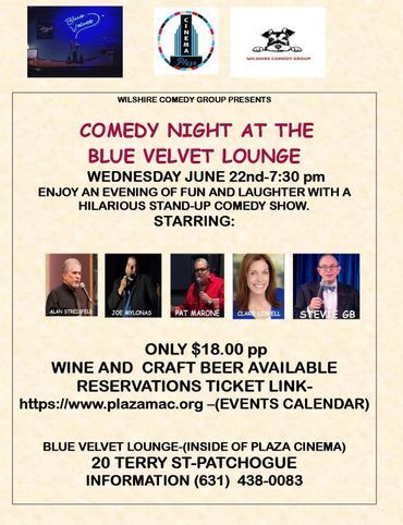 Event flyer for Comedy Night at the Blue Velvet Lounge on June 22nd at 7:30 pm.