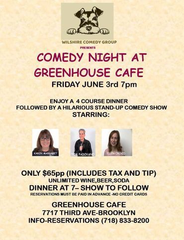 Flyer for a comedy night at Greenhouse Cafe in Brooklyn on June 3rd at 7pm,