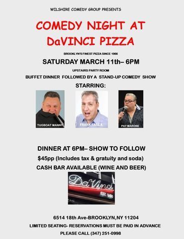 Flyer for Comedy Night at DaVinci Pizza in Brooklyn on March 11th at 6PM,