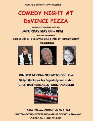Flyer for a comedy night at DaVinci Pizza on May 6th at 6 PM.