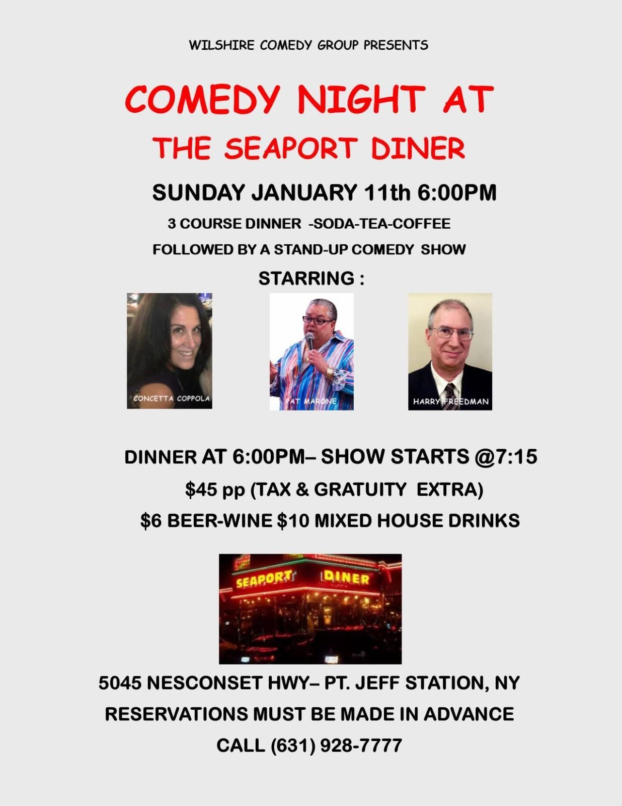 Flyer for a Comedy Night at The Seaport Diner on Jan 11th at 6:00 PM,