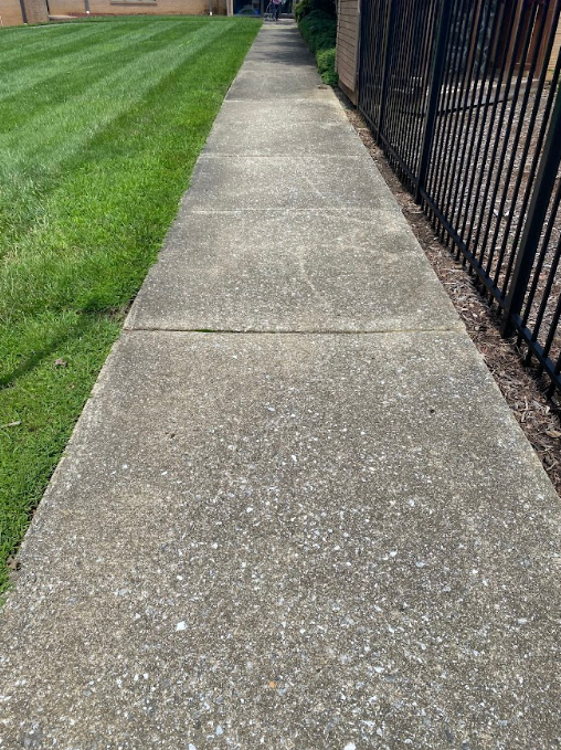 A sidewalk leading to a lush green lawn next to a fence.