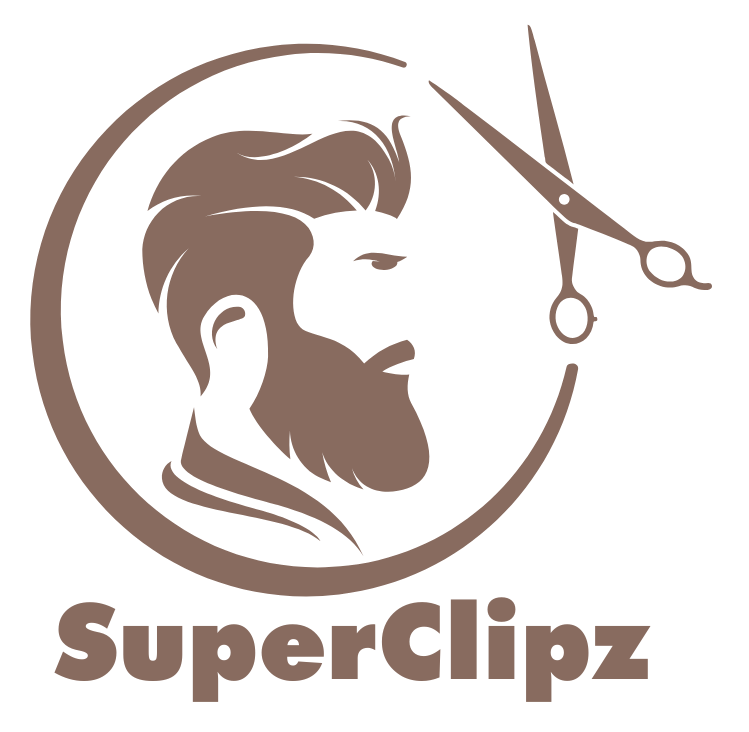 A logo for a barber shop with a bearded man and scissors.