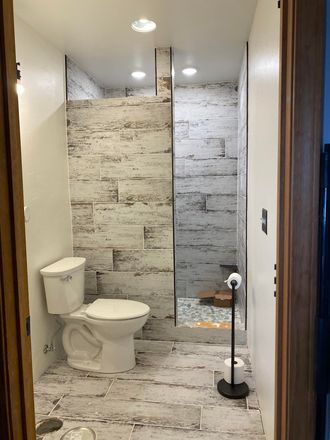 A bathroom with a toilet and a walk in shower.