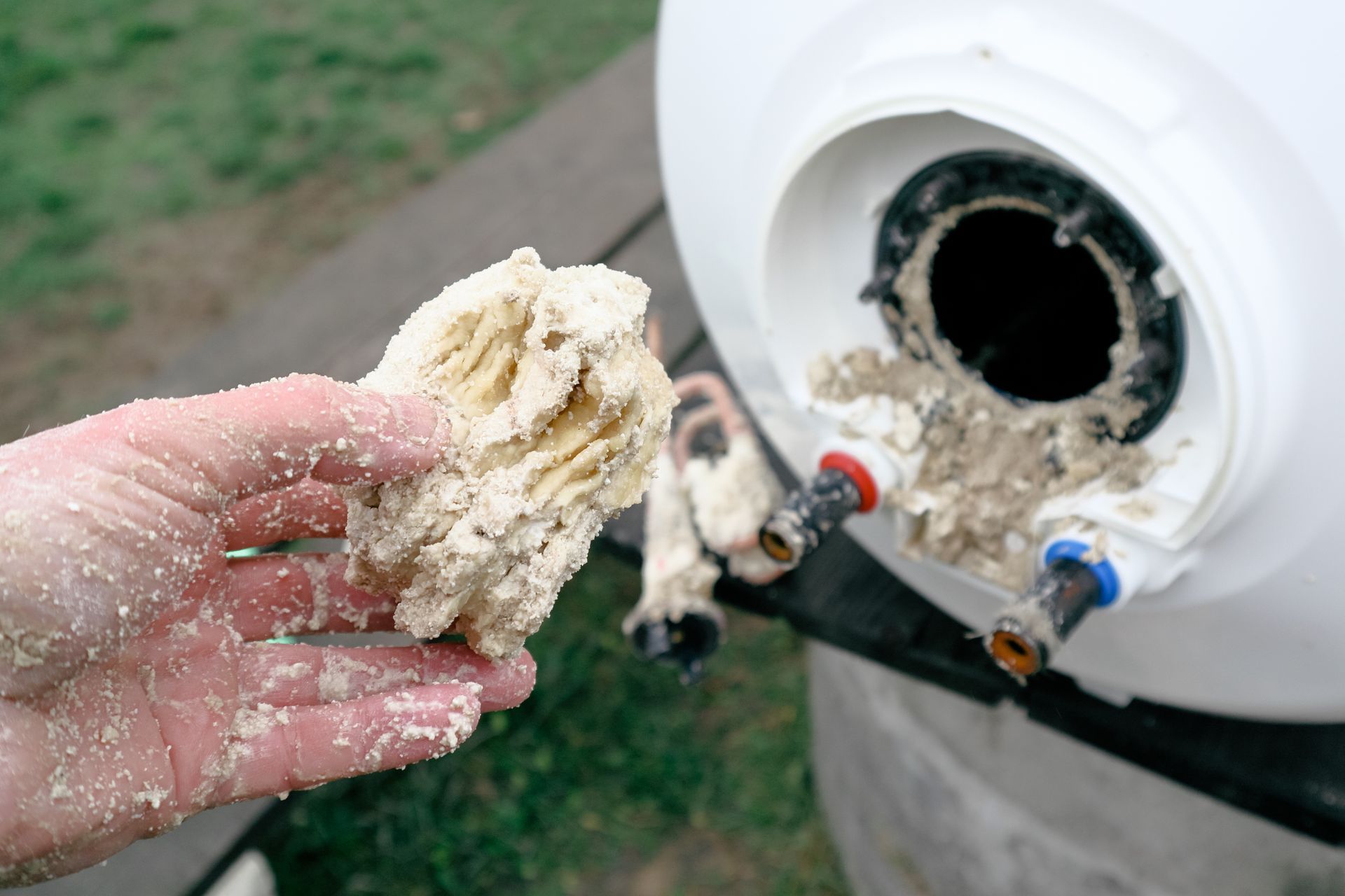 A person is holding a piece of soap in front of a dirty water heater.