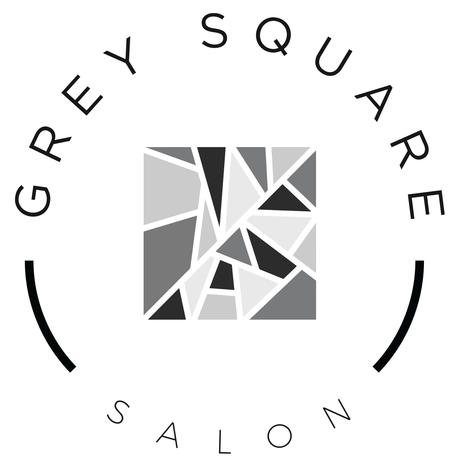 A black and white logo for a salon called grey square salon.
