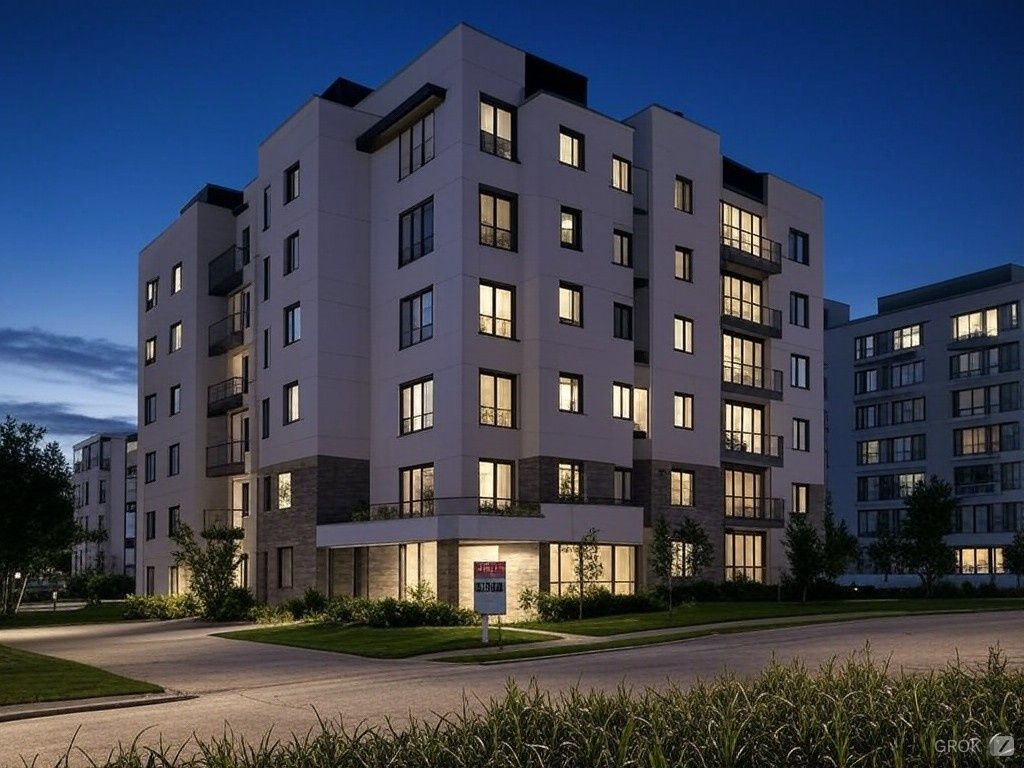 An artist 's impression of a large apartment building at night