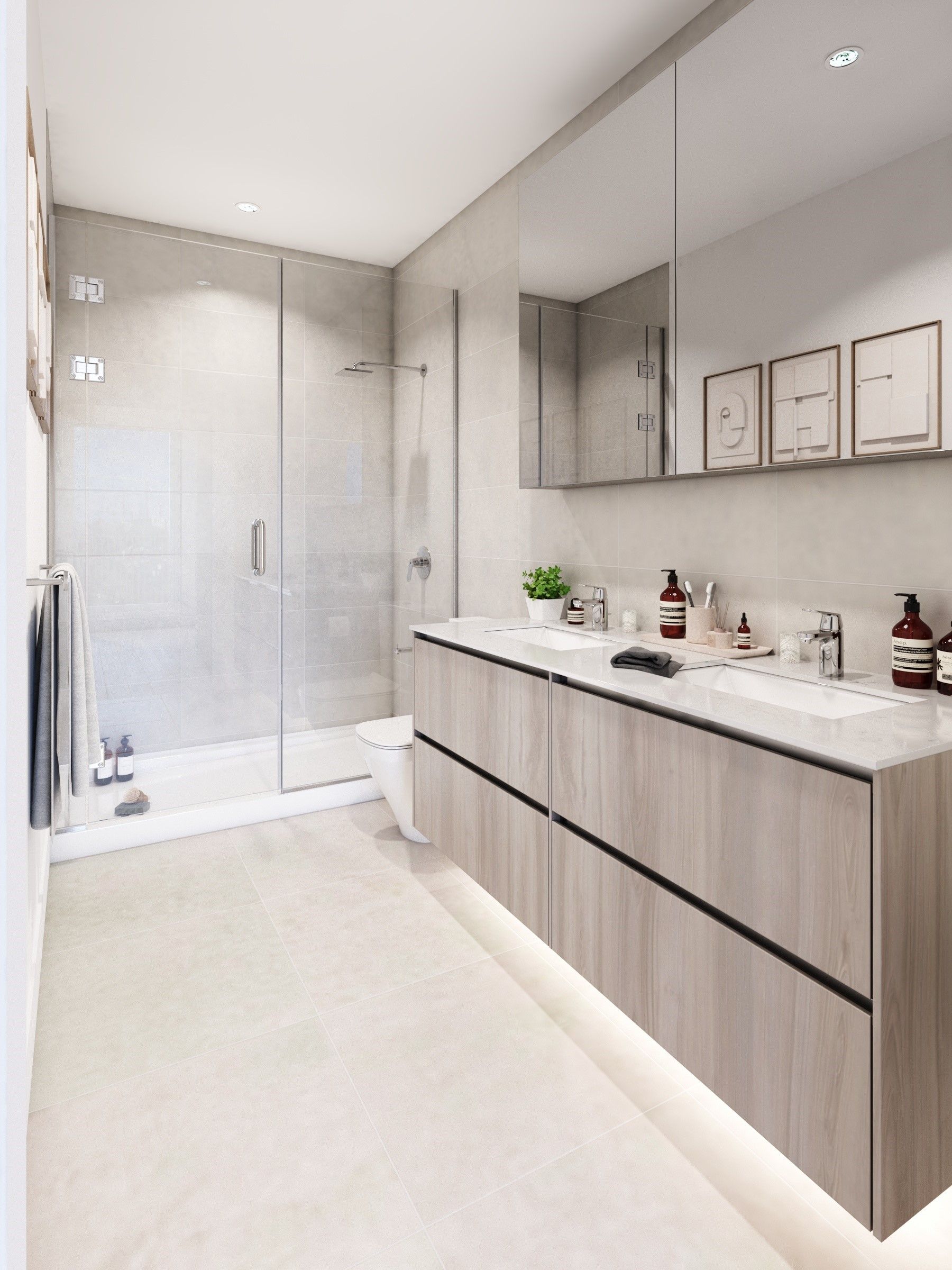 Real estate presale bathroom rendering. Interior design white marble, bleached wood cabinet, undermount bathroom sink, shower