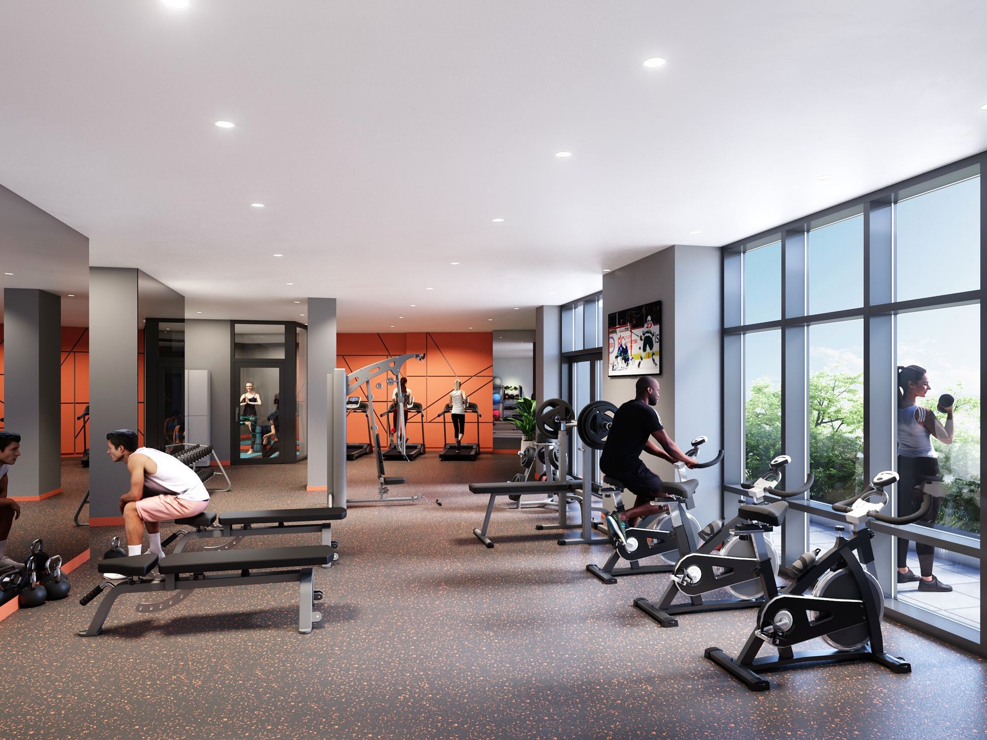 Real estate presale amenities gym rendering. Realistic people in renderings.