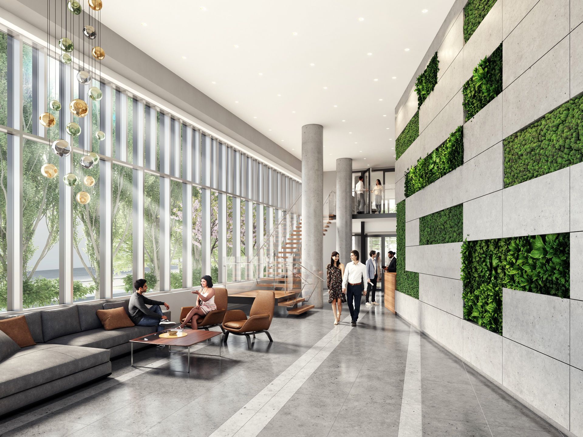 Real estate presale lobby rendering. Plant wall, high ceiling mullion. Realistic people in rendering. Day time rendering.