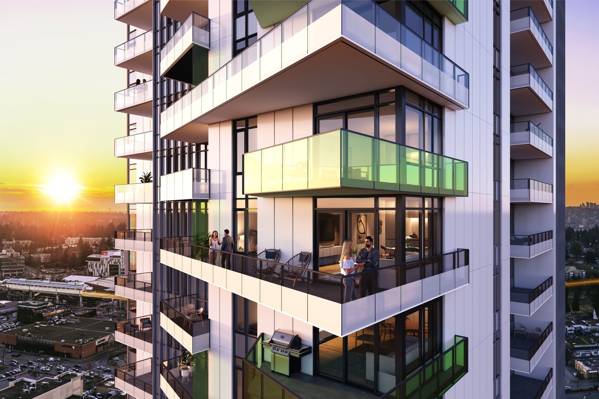 Real estate presale high rise exterior aerial rendering. Surrey Canada. Sunset dusk golden hour rendering.