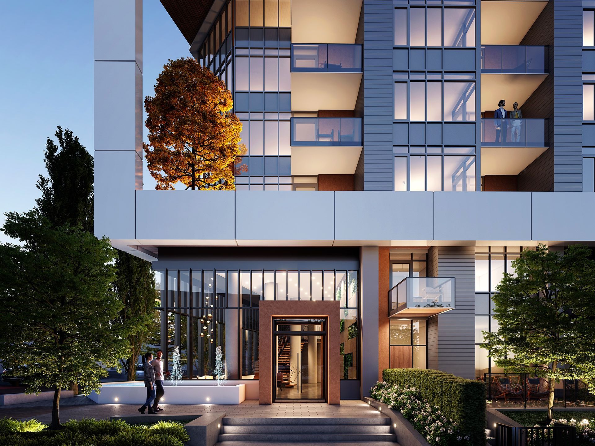 Real estate presale exterior lobby entrance rendering Vancouver Canada. Landscaping design. Night time rendering. Fountain.