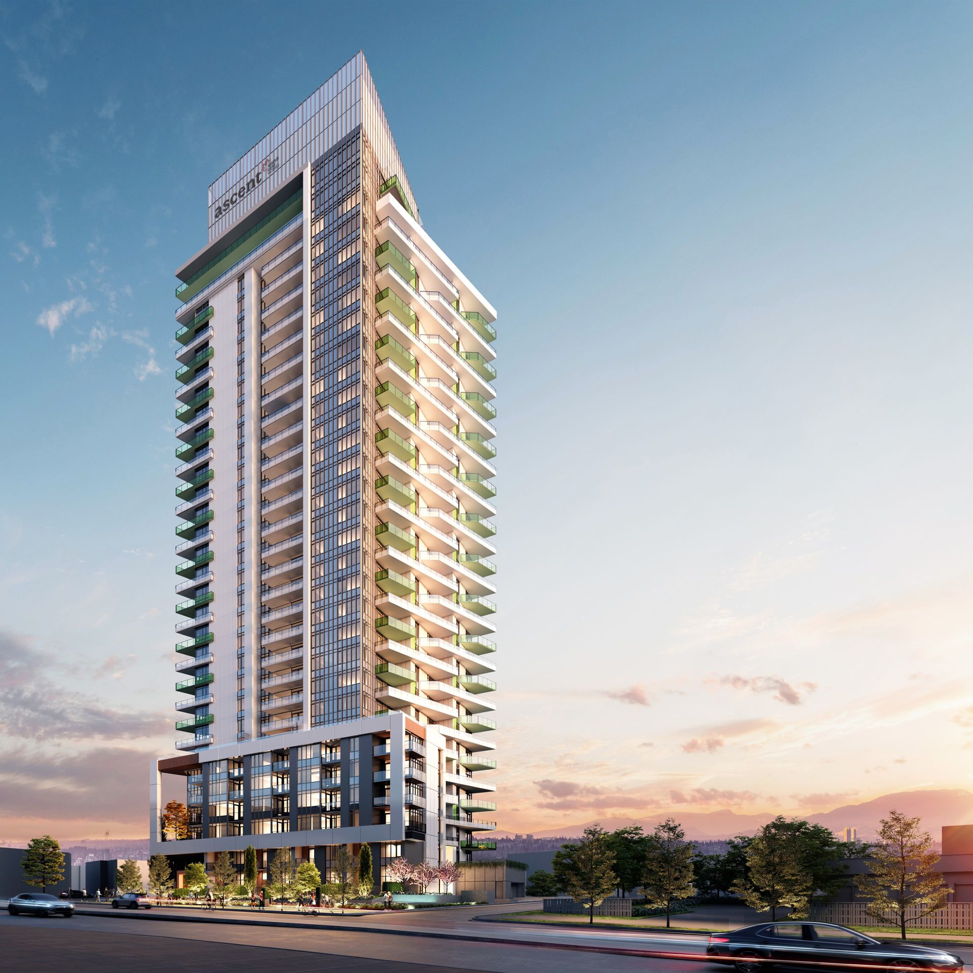 Real estate presale high rise exterior aerial rendering. Surrey Canada. Sunset dusk golden hour rendering.