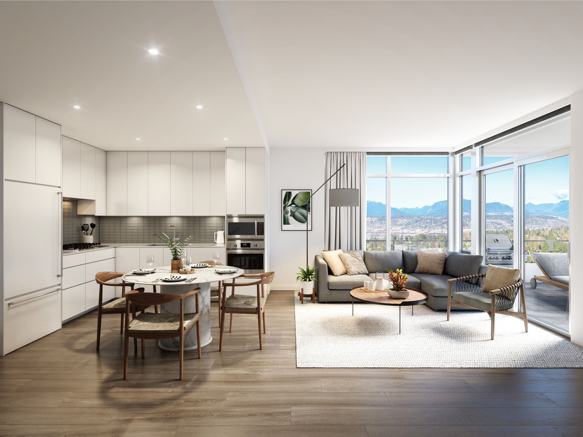 Real estate presale kitchen rendering. Interior design, white cabinets cabinet. Living room, dining room rendering.