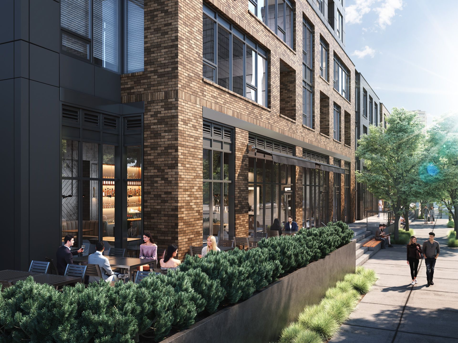 Real estate presale commercial retail rendering. Realistic people. Bricks, mullion, concrete. Sunny day restaurant patio.