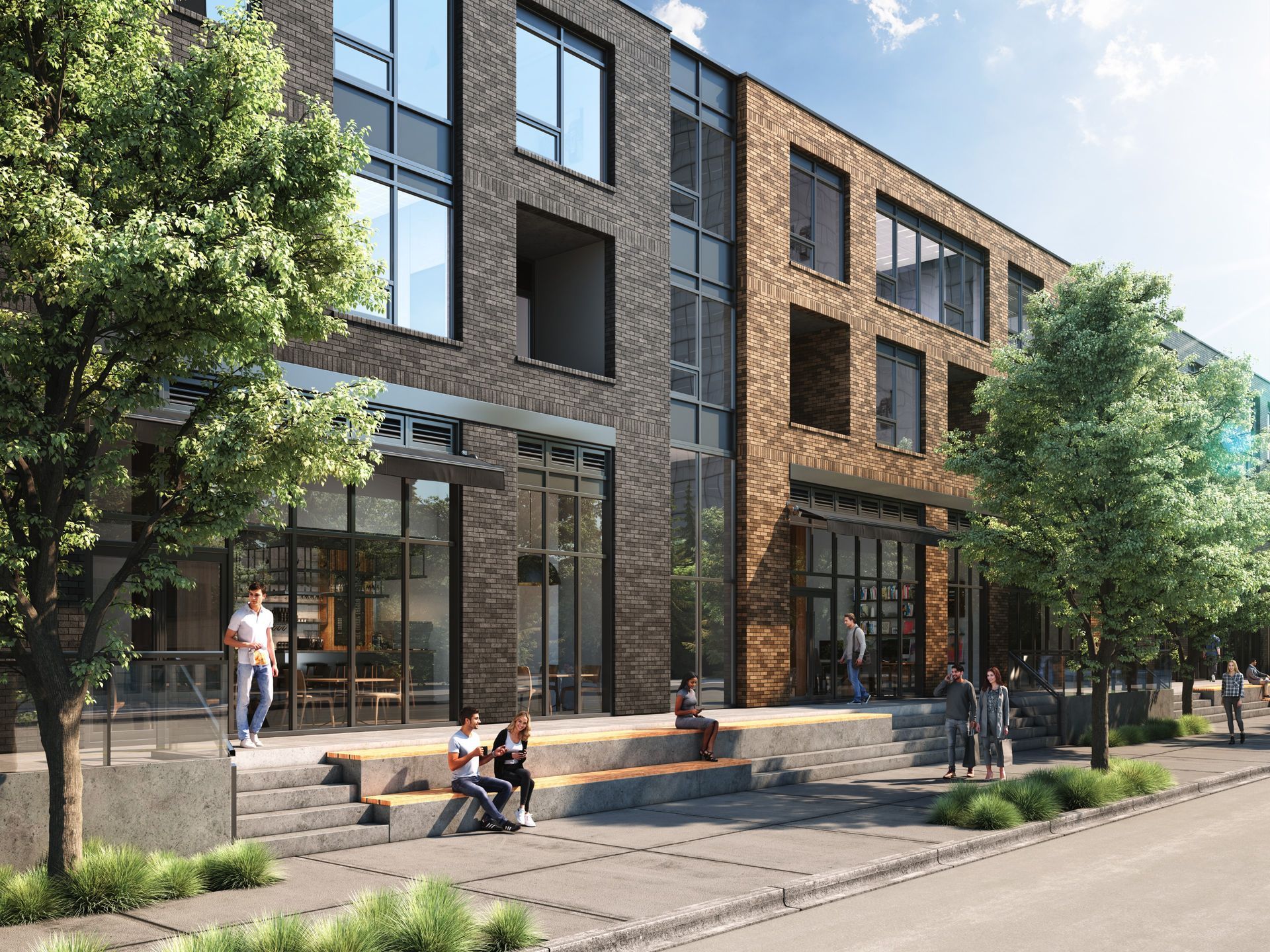 Real estate presale commercial retail rendering. Realistic people. Bricks, mullion, concrete. Sunny day street lifestyle.