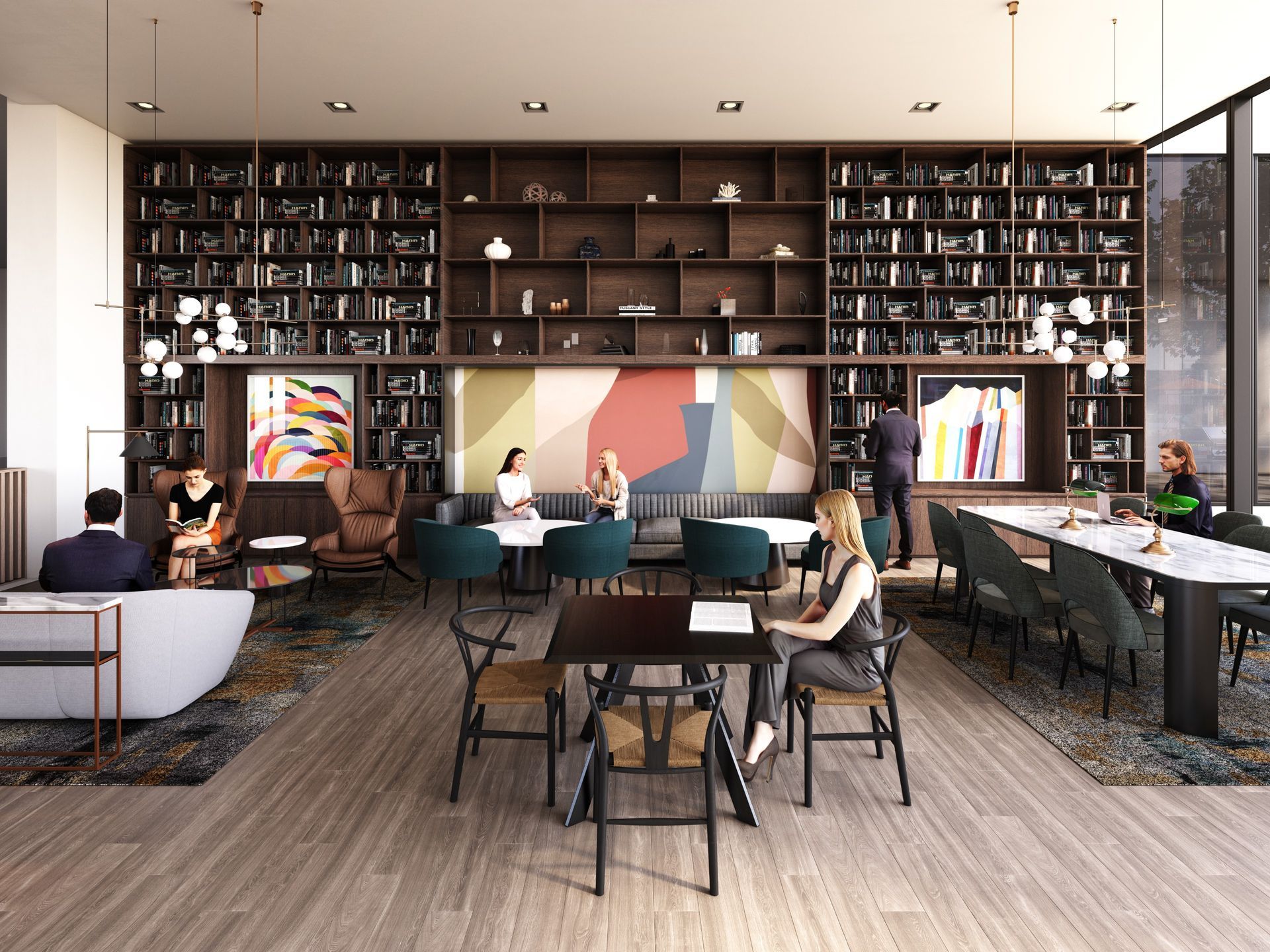 Real estate presale interior design library rendering. BLVD, Calgary Canada.