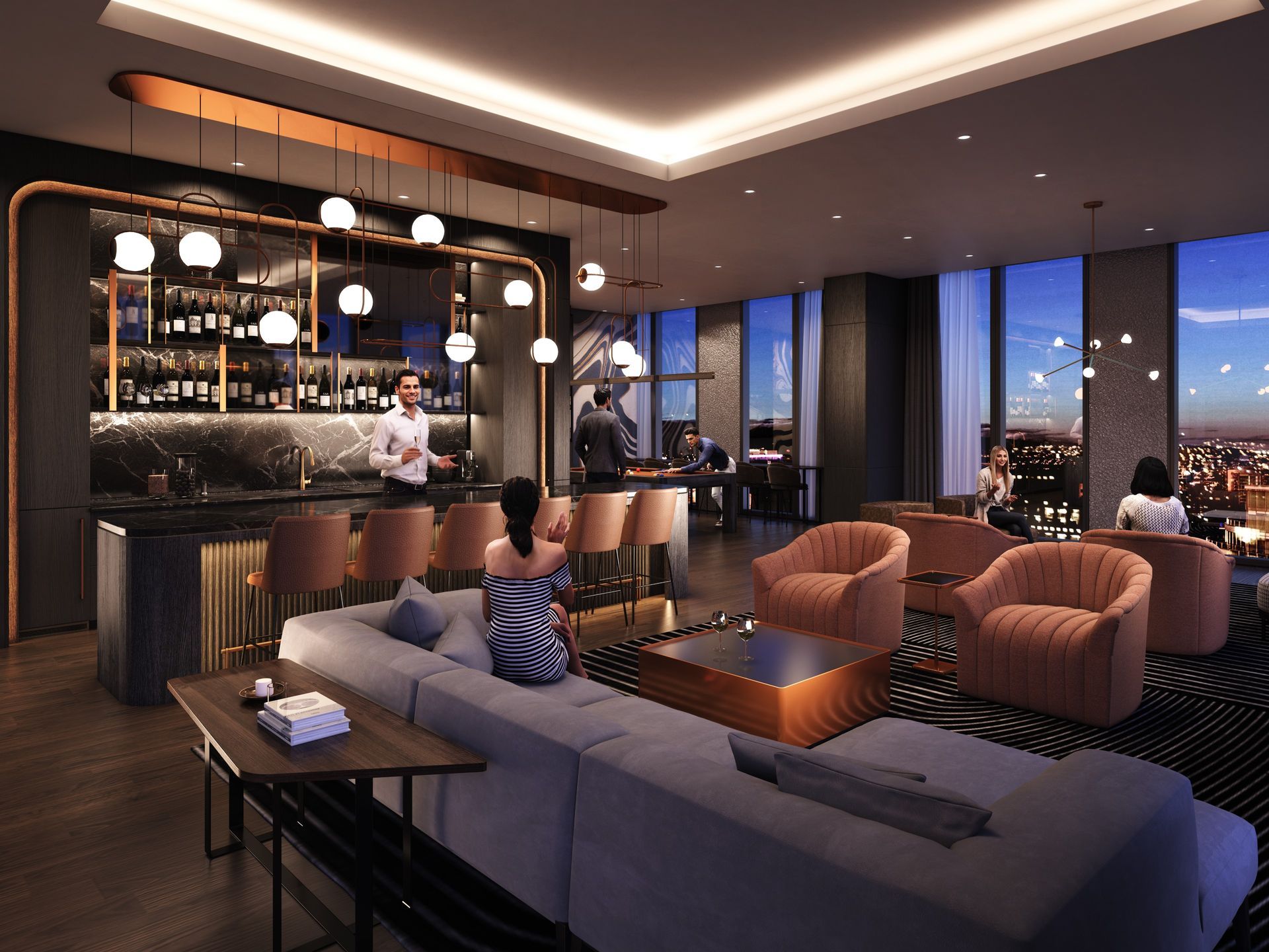 Real estate presale interior design amenities rendering. BLVD, Calgary. Party room, bar, cocktail lounge. Realistic people.