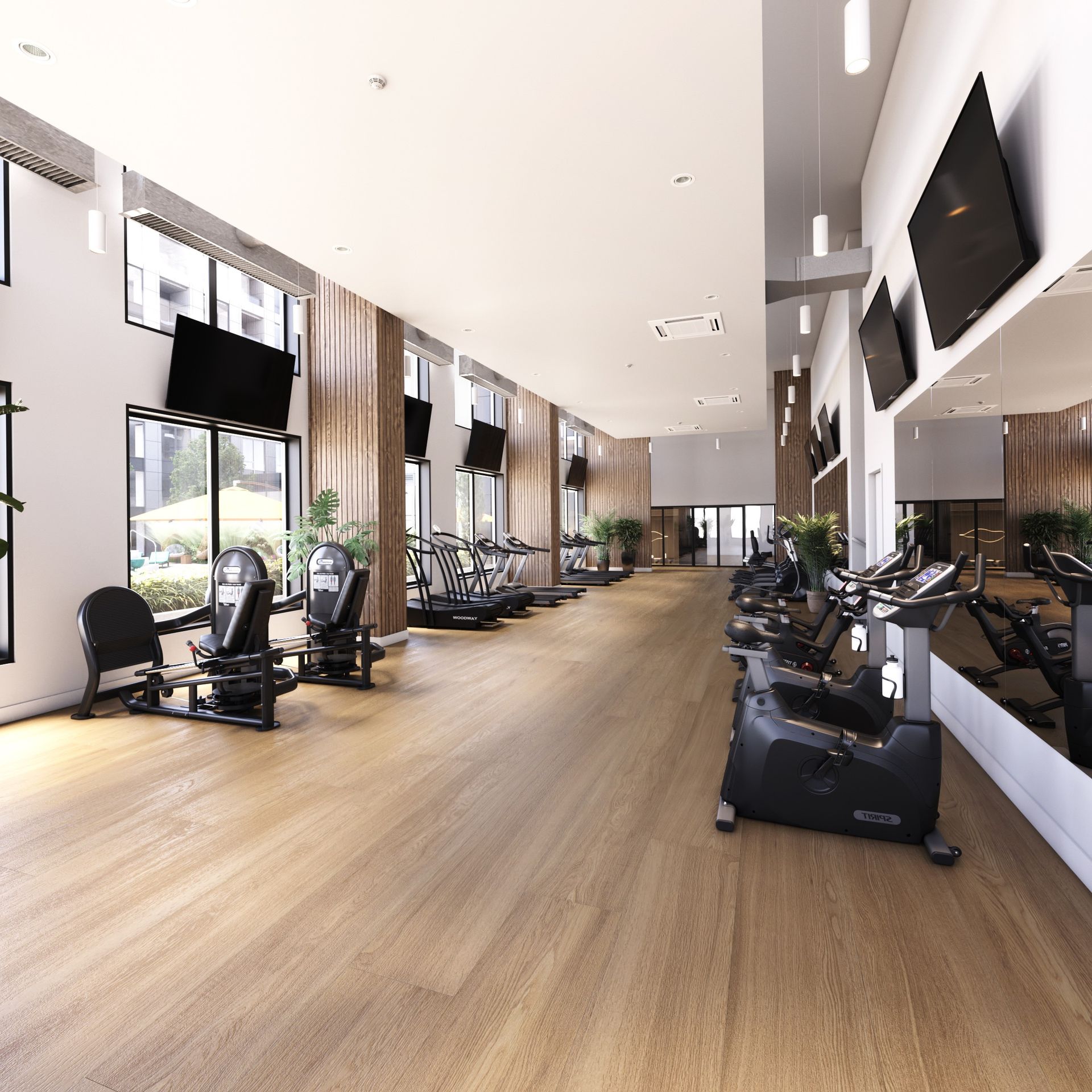 Real estate presale interior gym amenities rendering Calgary Canada. Interior design with wood slats, wood flooring.