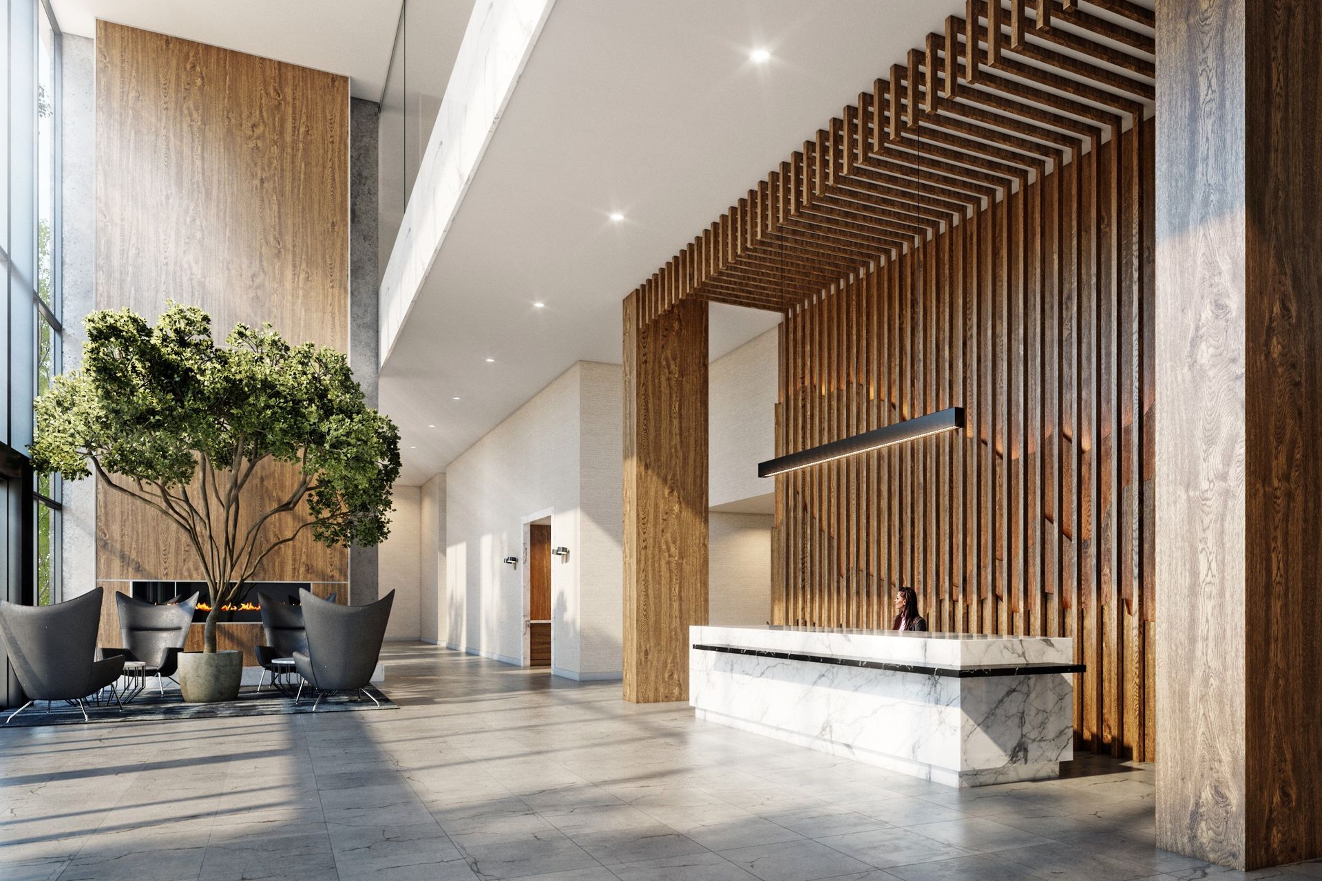 Real estate presale lobby rendering Calgary Canada. Interior design wood veneer marble countertop stone flooring. Day time.