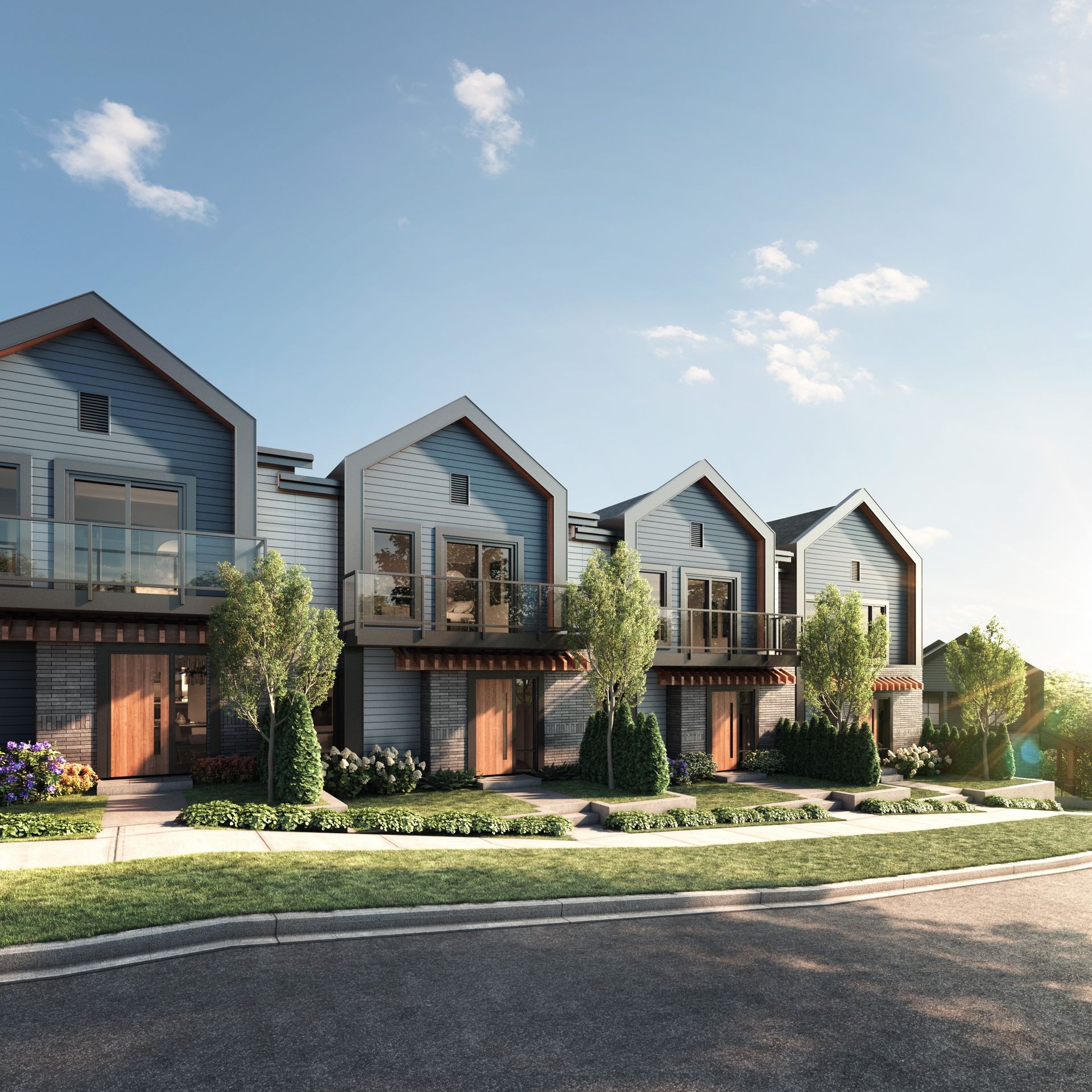 Real estate presale exterior rendering. Culmena by Tangerine Development. Burke Mountain, Coquitlam. Landscaping rendering.