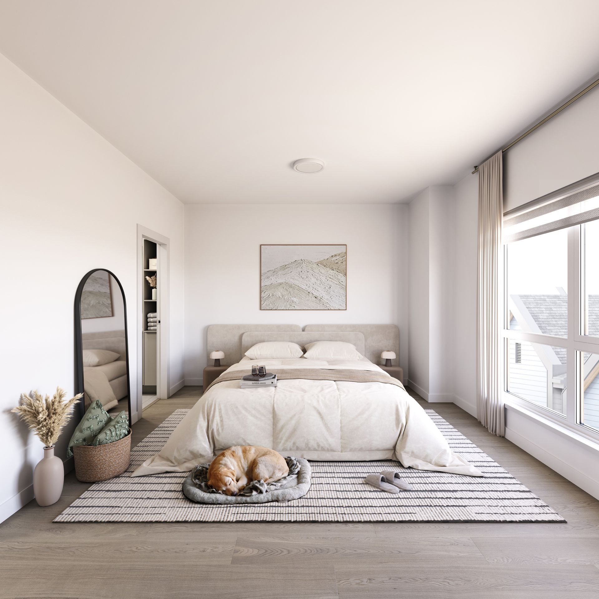Real estate presale rendering bedroom. Culmena by Tangerine Development. Burke Mountain, Coquitlam. Realistic dog in renderings.