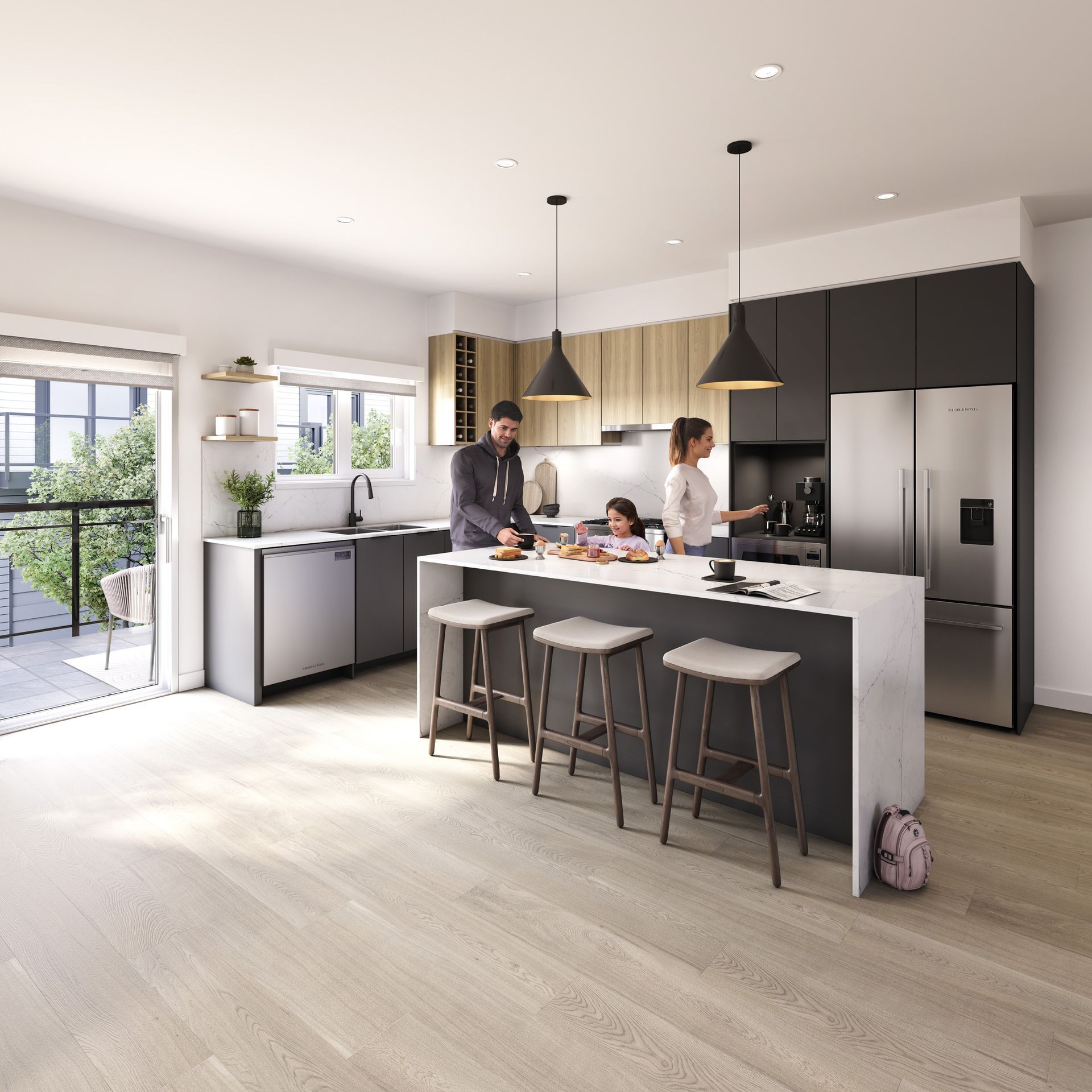 Real estate presale rendering kitchen. Culmena by Tangerine Development. Burke Mountain, Coquitlam. Realistic people in renderings.
