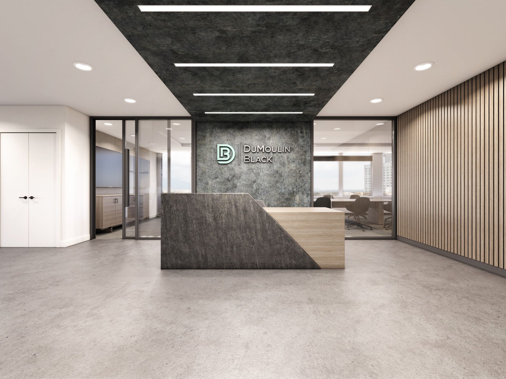 Commercial interior design office reception rendering. Wood slat, mullion partition, concrete floor. Light fixture rendering.