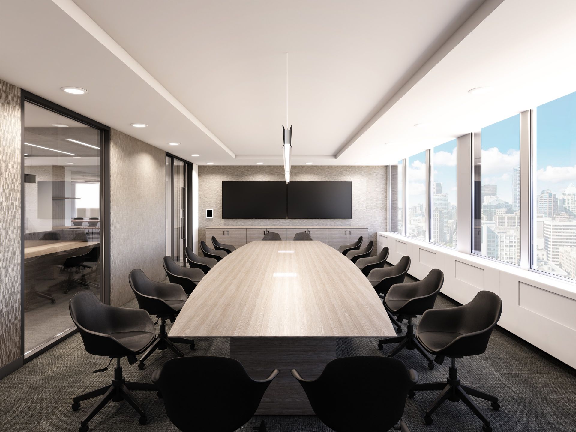 Commercial interior design office boardroom rendering.