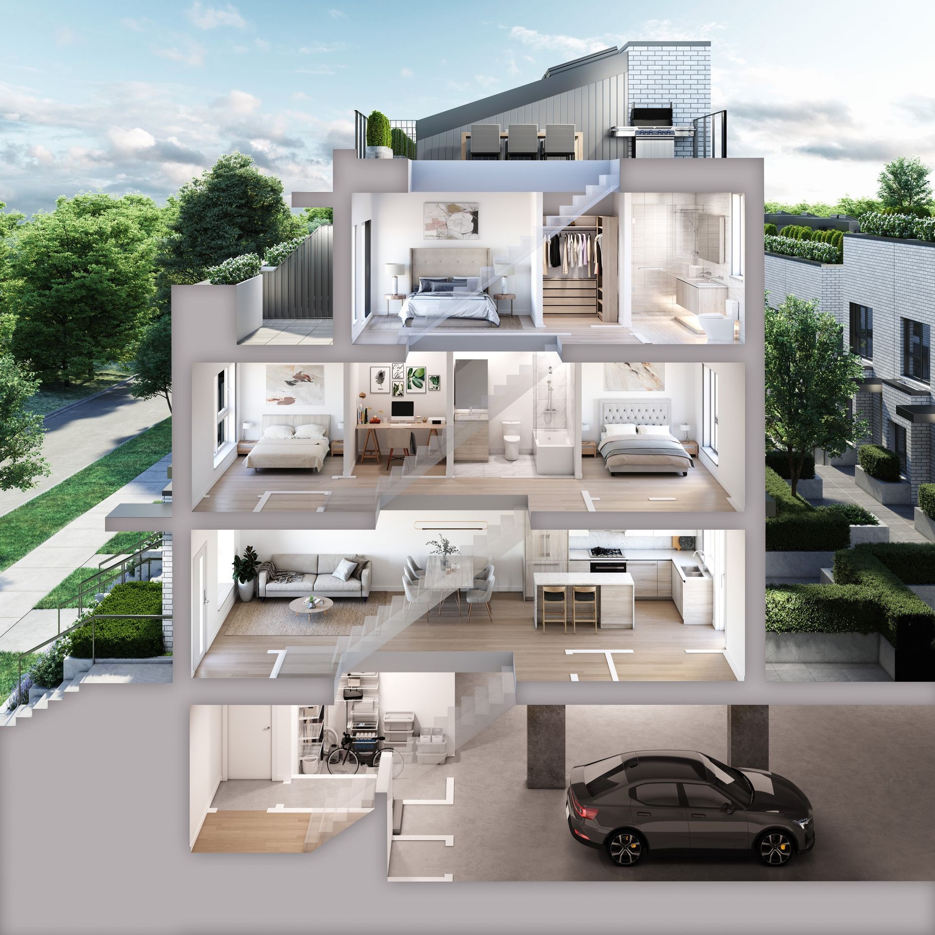 Real estate presale dollhouse slice through townhome rendering. 