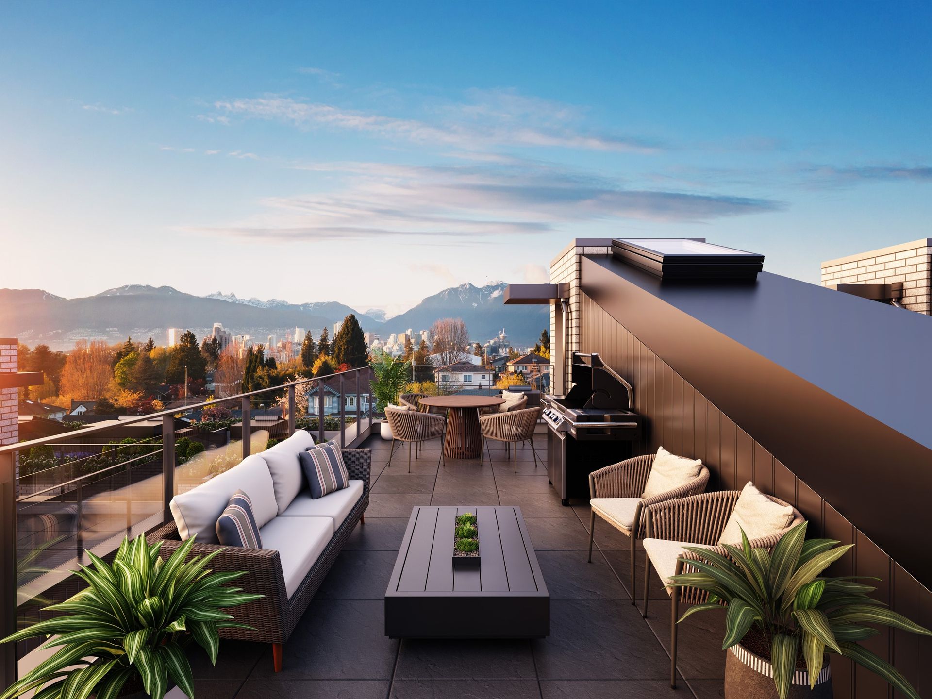 Real estate presale patio rendering. Grace Westside. Vancouver. Patio furniture rendering. Sunset, golden hour rendering.