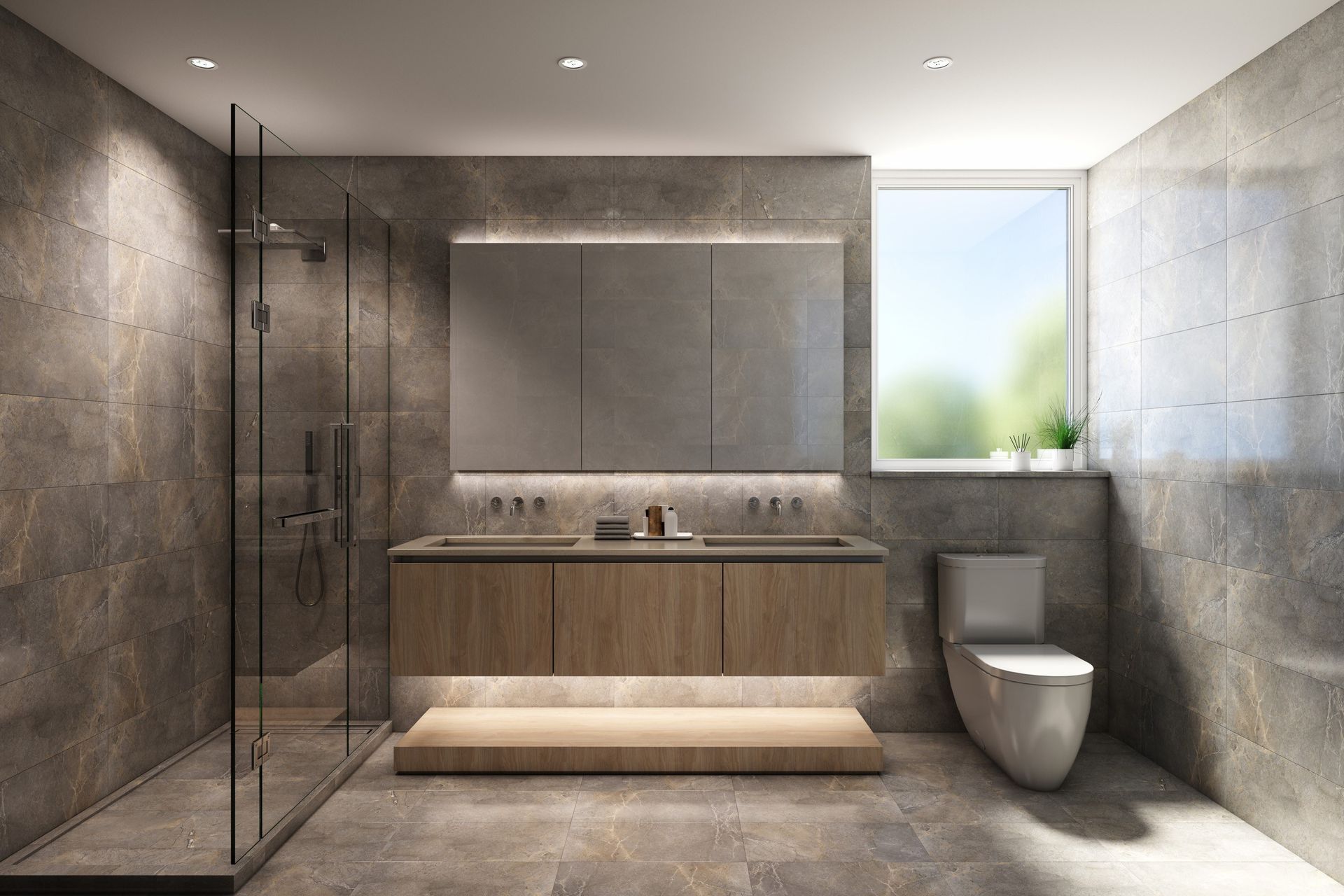 Real estate presale rendering Vancouver Canada. Bathroom interior design, marble, stone, wood.