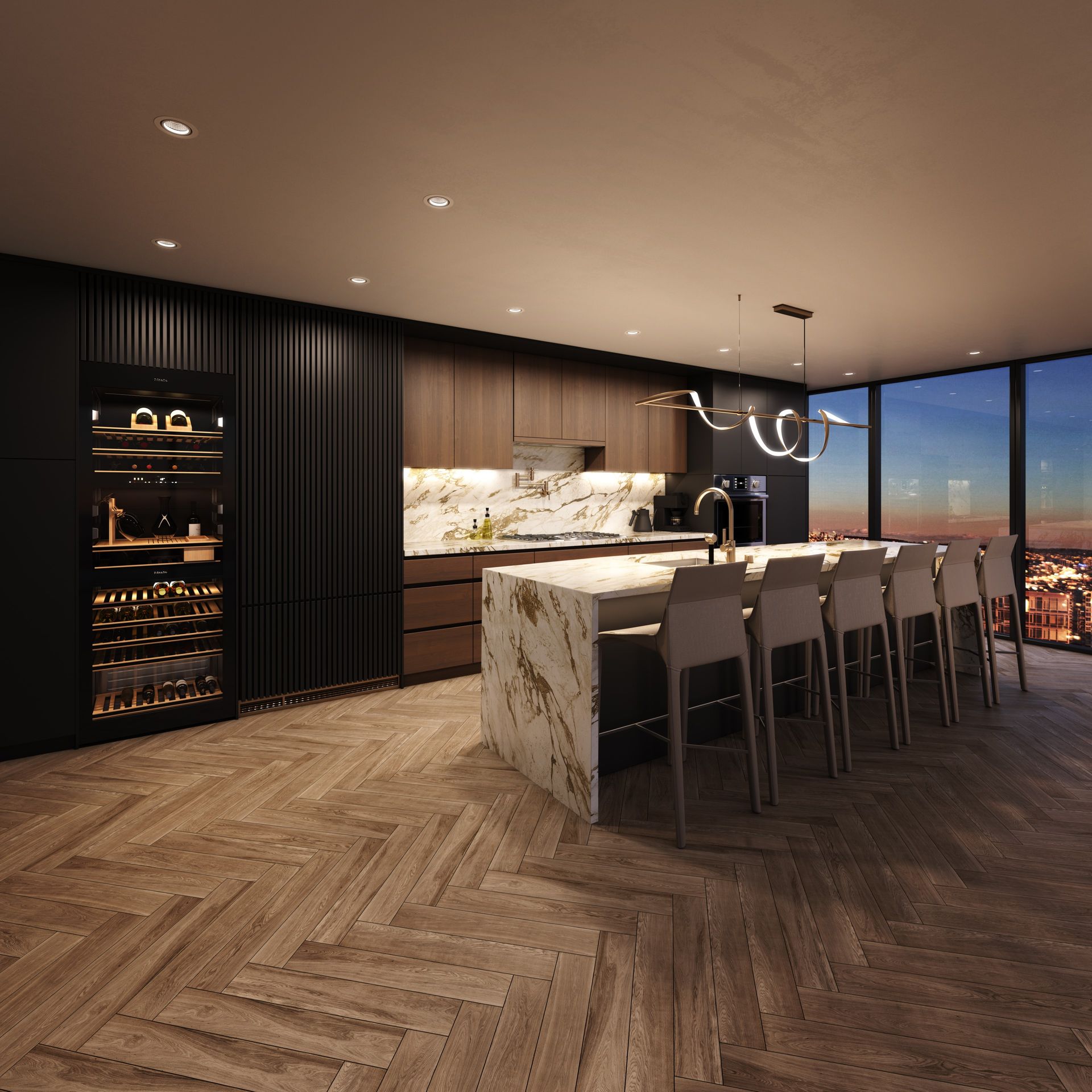 Real estate presale rendering penthouse Kitchen. Interior design with wood cabinets and flooring, marble island countertop.