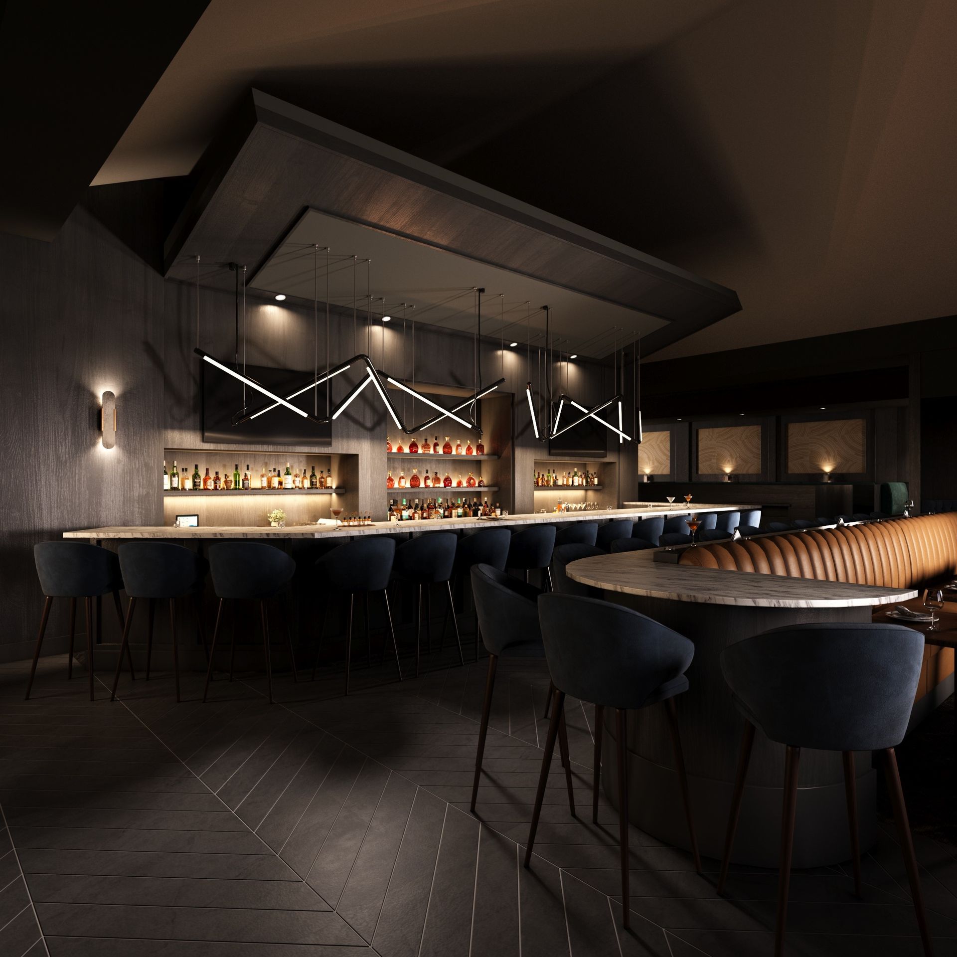 Restaurant interior design rendering,  hospitality design. Bar rendering, cocktail lounge, booth seating upholstery.