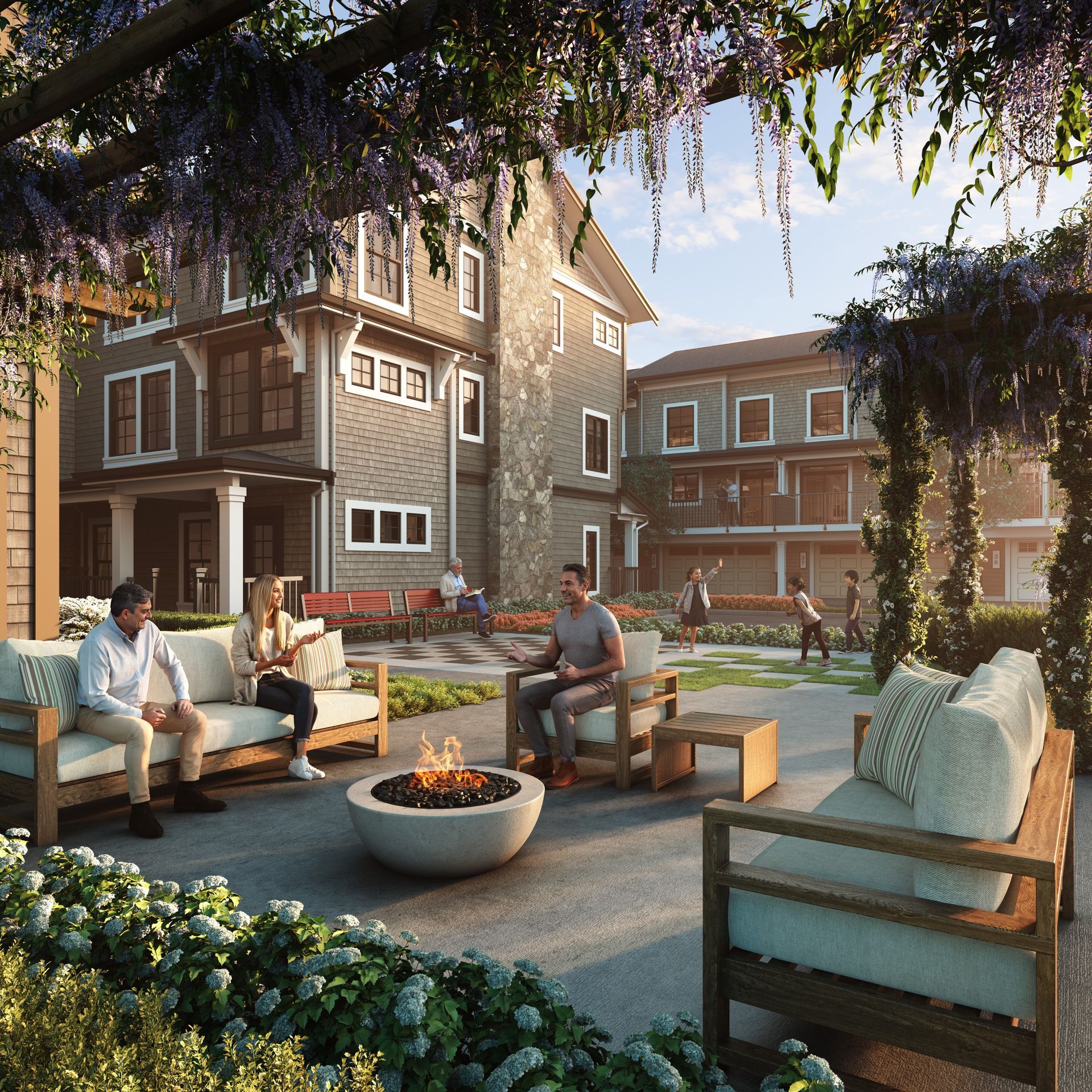 Real estate presale courtyard rendering. Landscaping design. Sunset dusk golden hour. Realistic people in rendering.