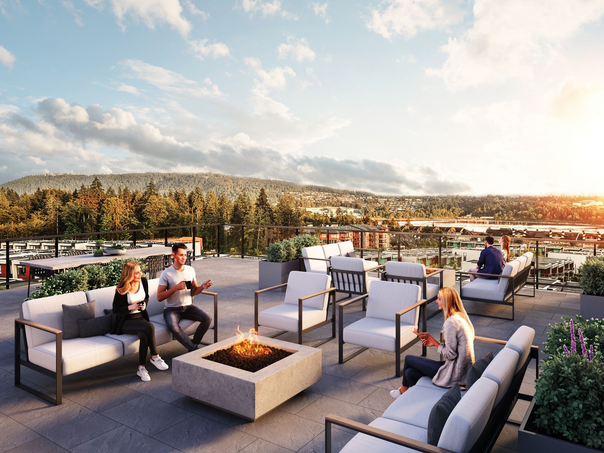 Real estate presale patio rendering Mount Seymour Village. Patio fireplace furniture. Realistic people. Sunset mountain view.