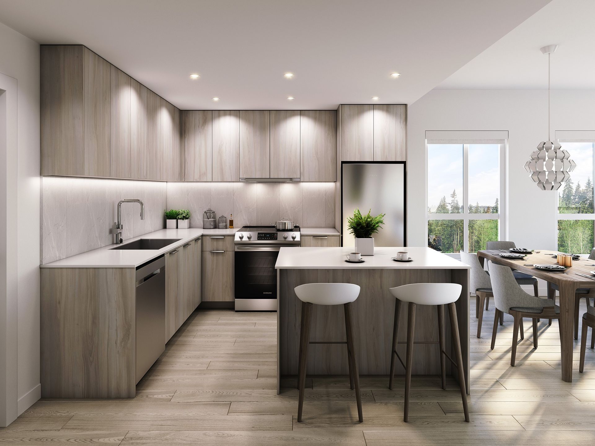 Real estate presale kitchen rendering. Interior design kitchen white stone, bleached wood cabinet. Kitchen island rendering.