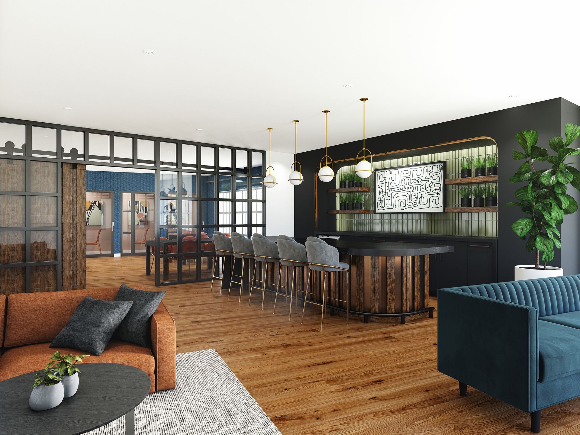 Real estate presales rendering Toronto coworking space. Amenities rendering. Interior design charcoal gray, dark wood.