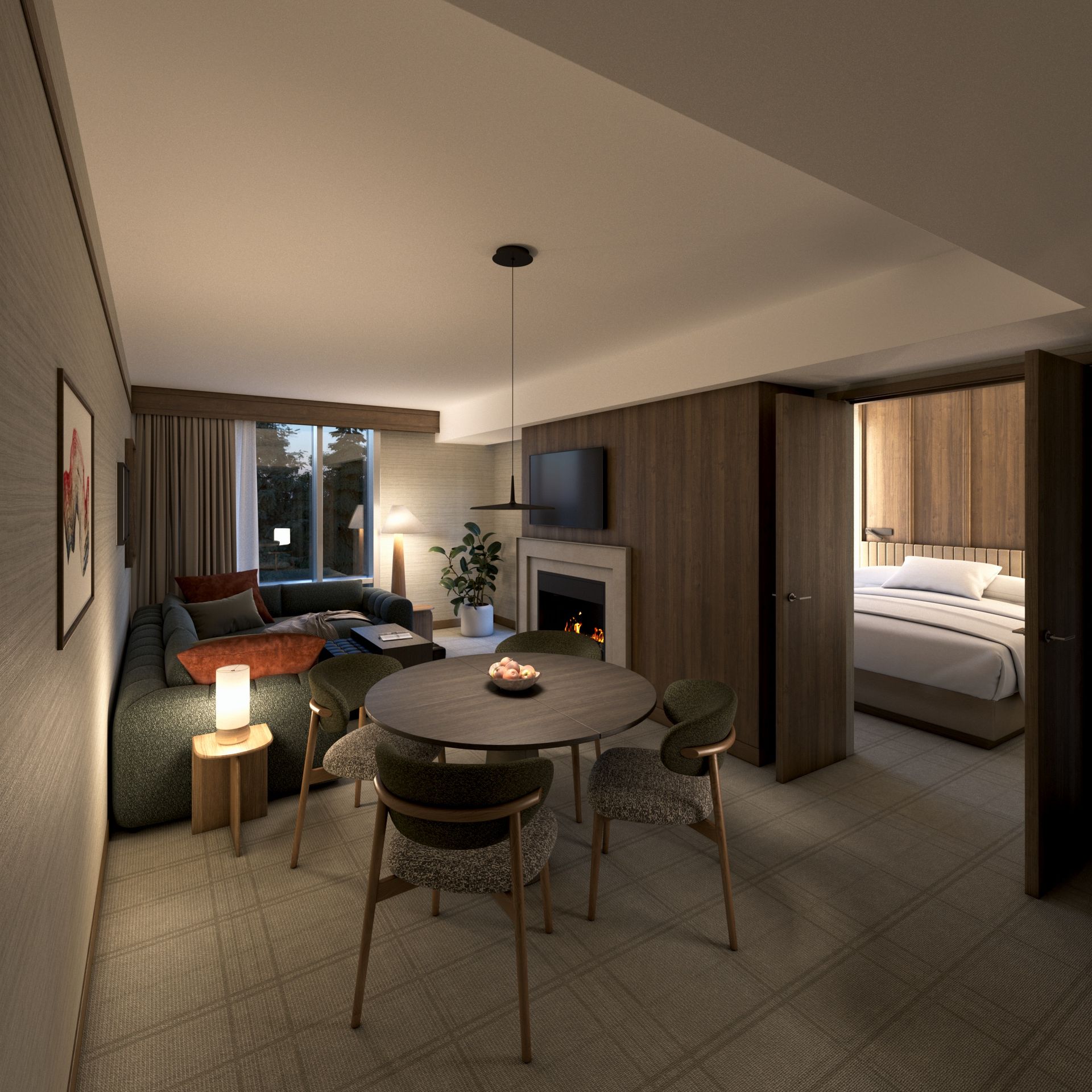 Hotel room interior design rendering, hospitality design. Wood paneling, gray wall paper.
