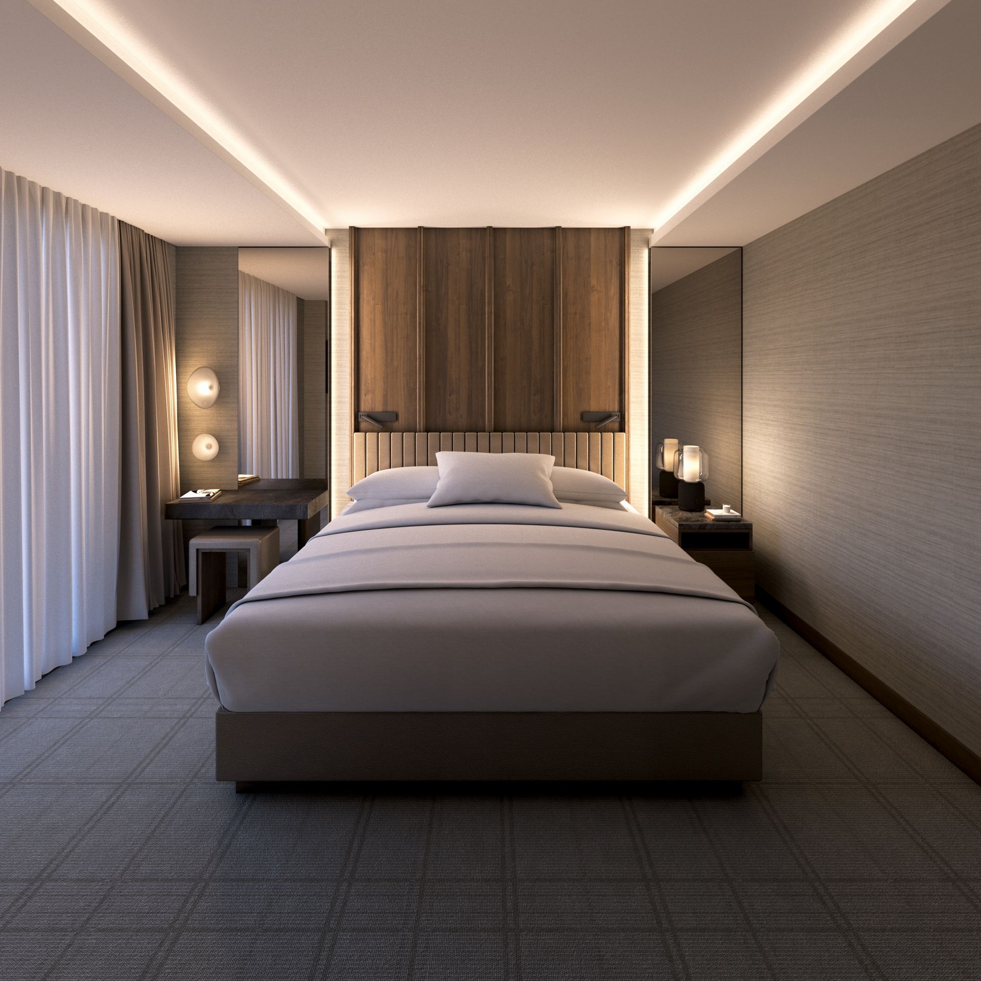 Hotel room interior design rendering, hospitality design. Wood panel headboard, gray wall paper.