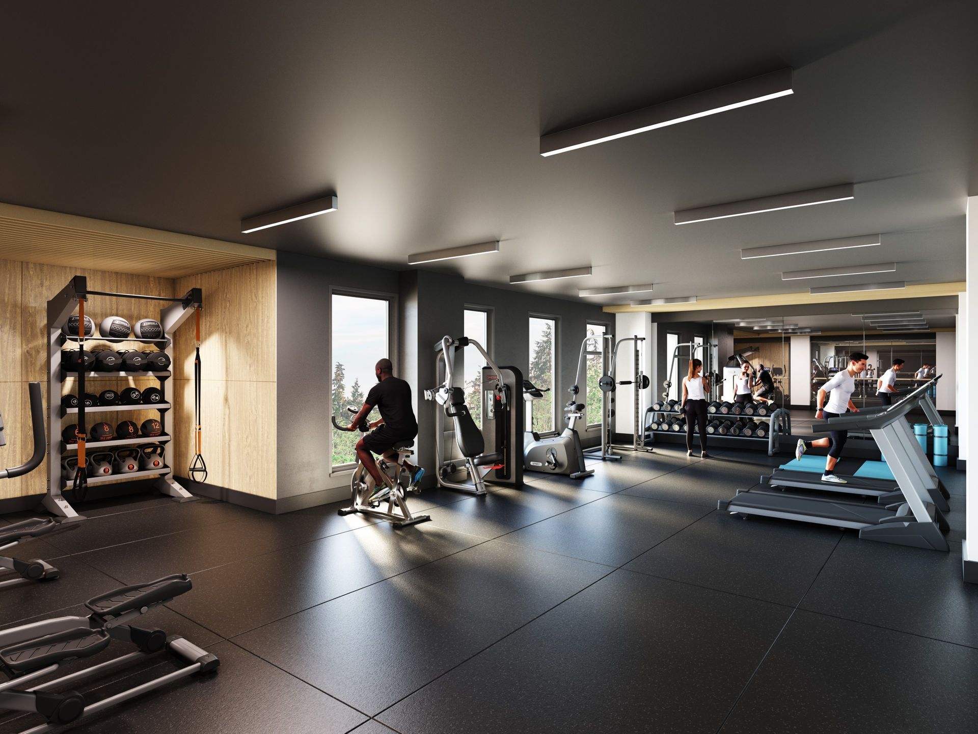 Real estate presale amenities gym rendering. Realistic people in renderings. Gym interior design dark gray and wood slats.