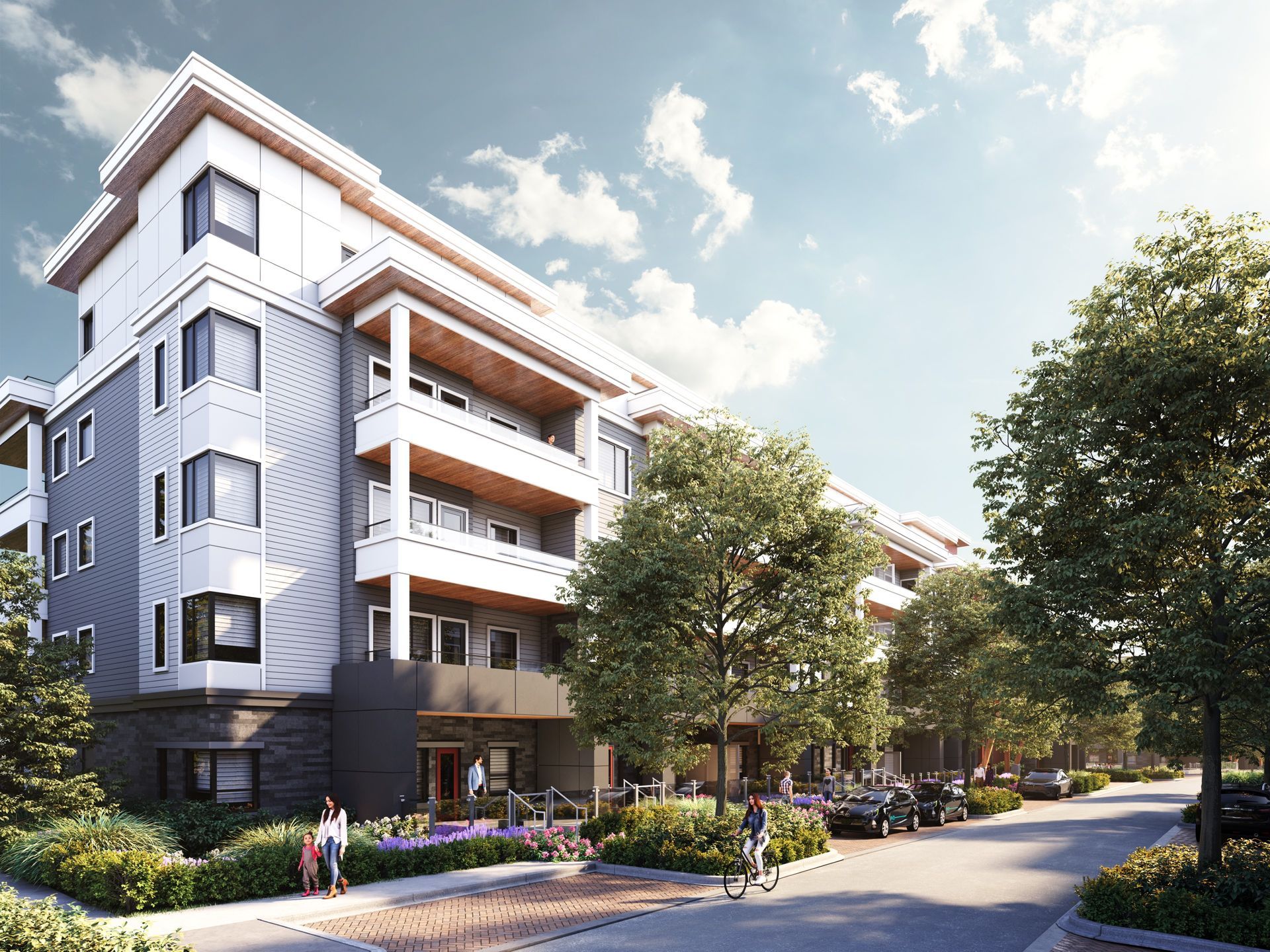 Real estate presale condo rendering in Surrey Langley. Realistic people in renderings. Sunny afternoon rendering.