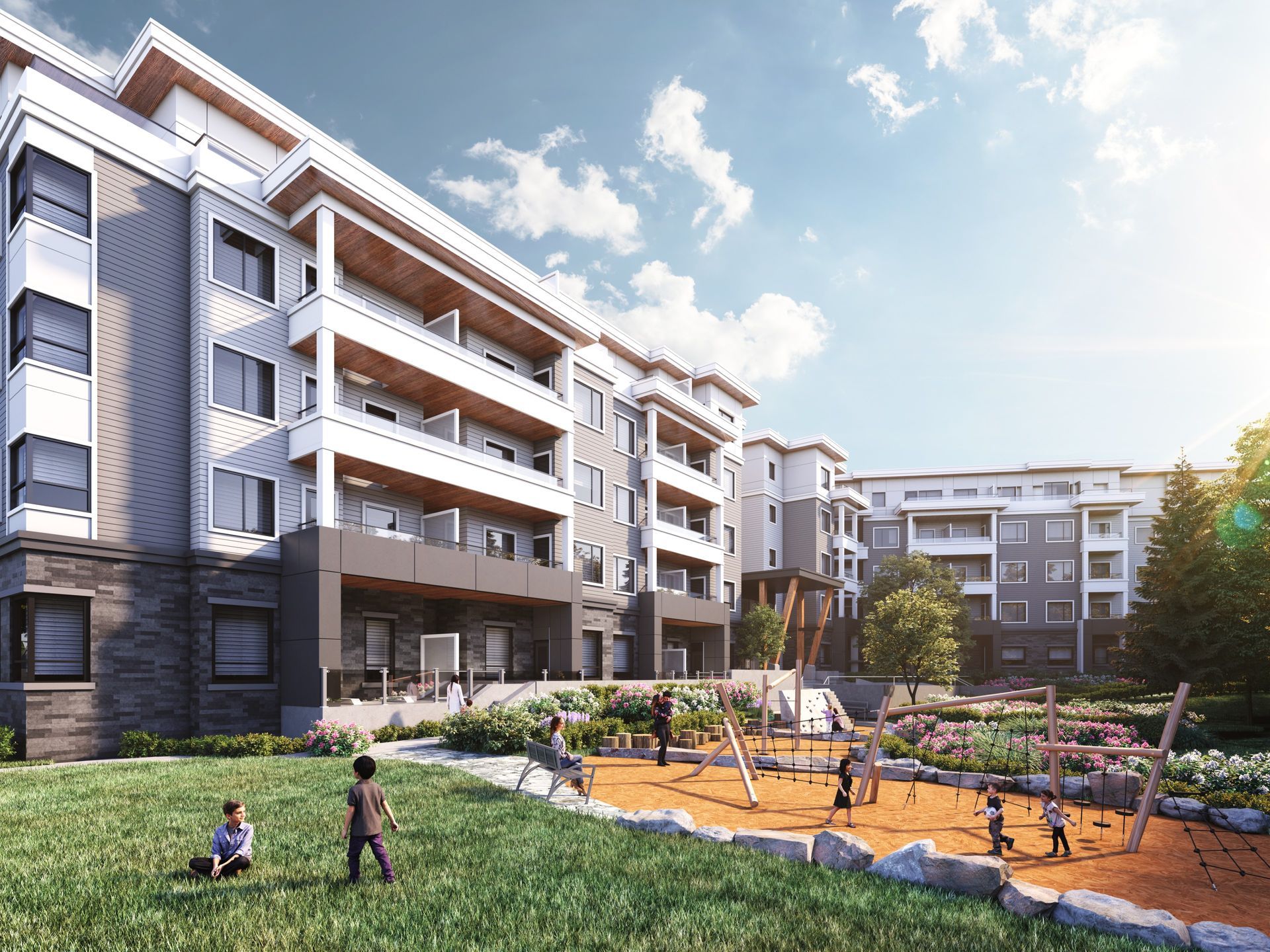 Real estate presale condo rendering in Surrey Langley. Landscaping, playground. Realistic people. Sunny afternoon rendering.