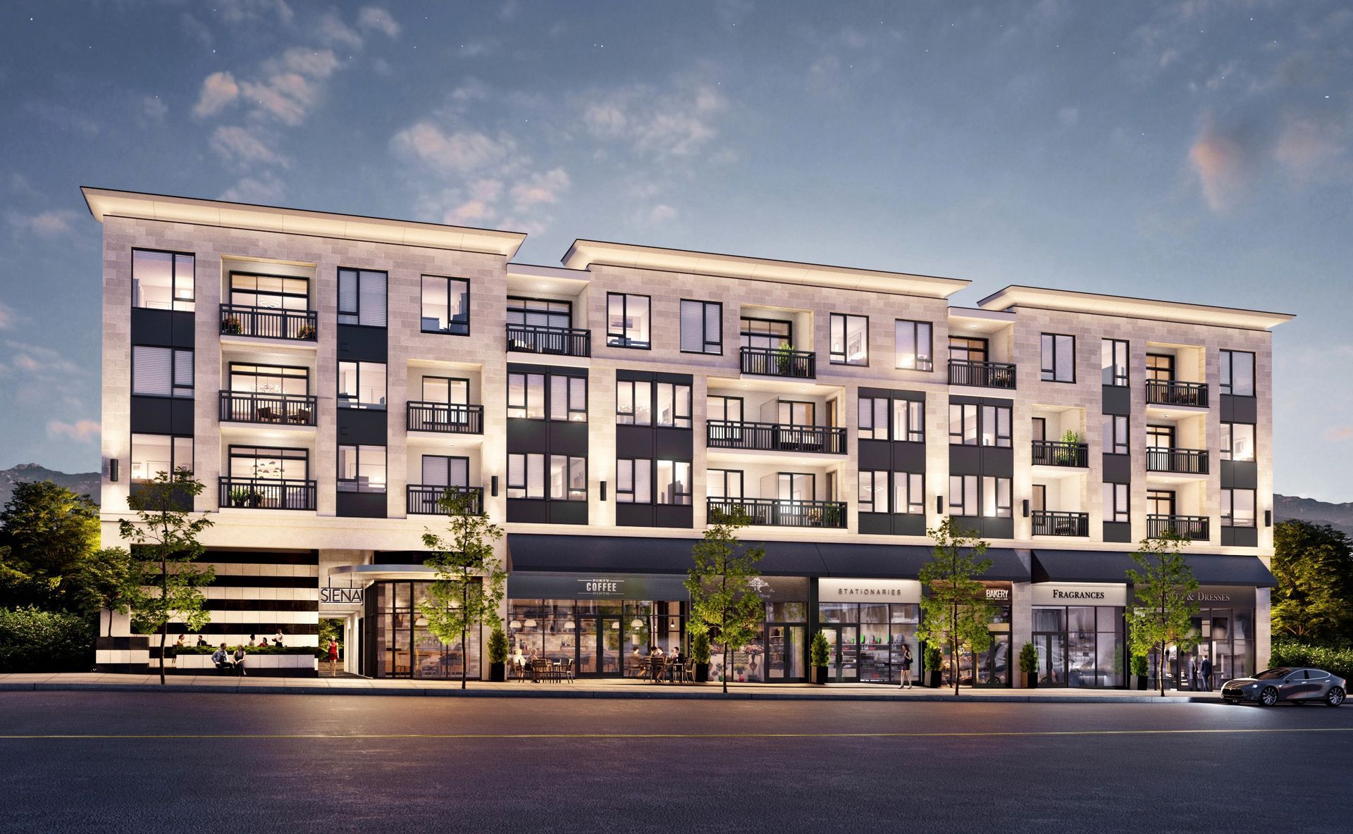 Real estate presale luxury condo rendering. Retail commercial real estate presales rendering. Night time rendering.