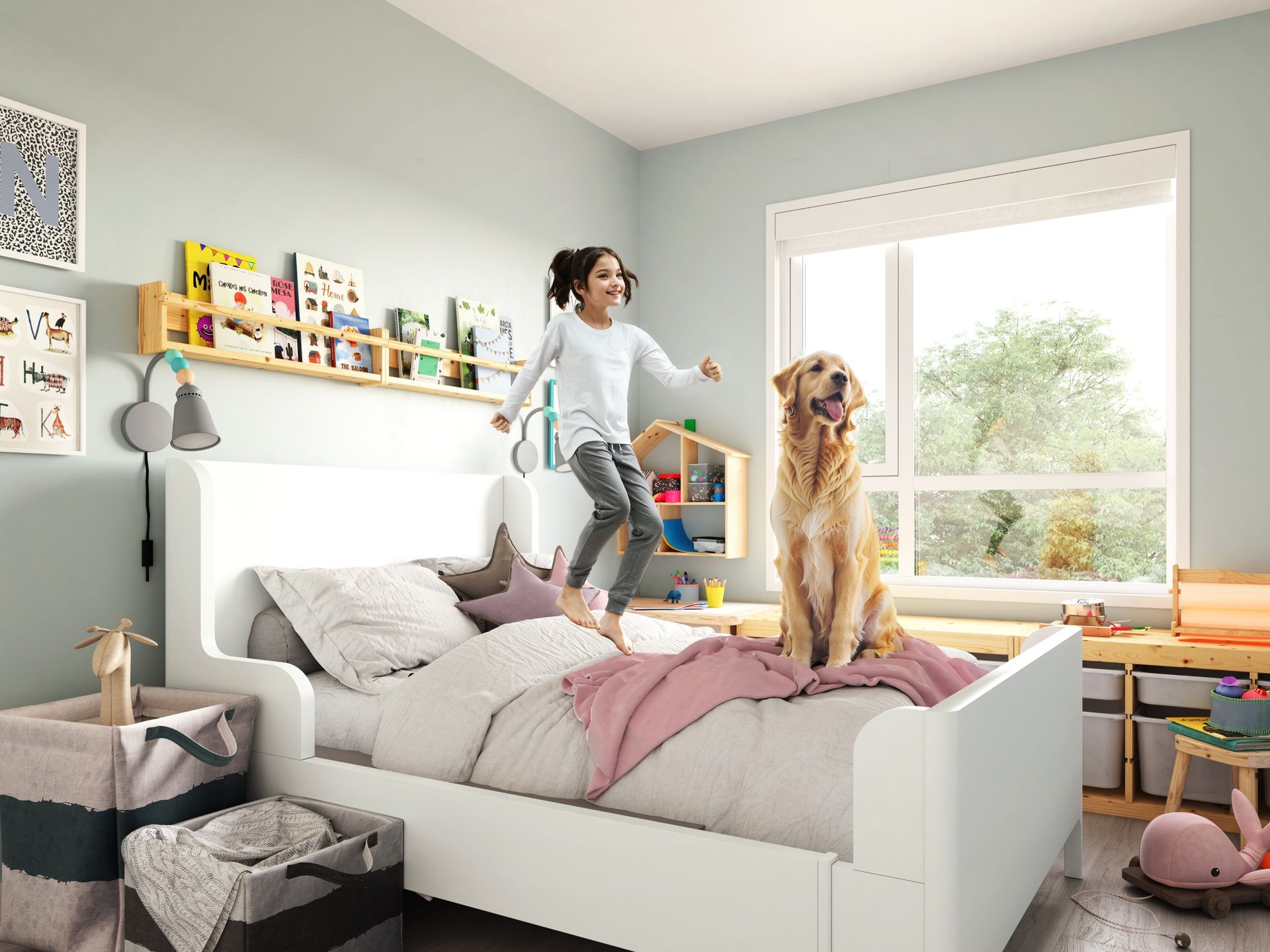 Real estate presale rendering Vancouver Canada. Bedroom rendering with people children dog pet. Furniture design rendering.