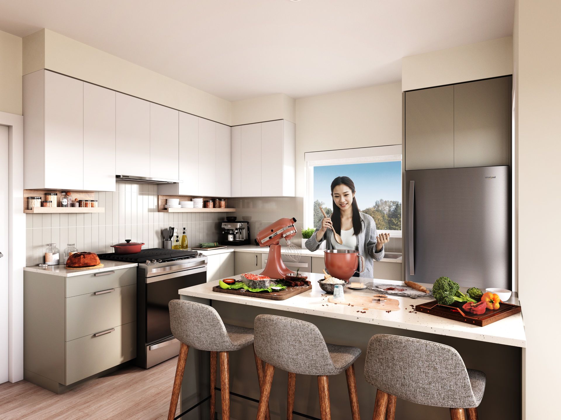 Real estate presale kitchen rendering. Realistic people, accessories, food, and staging in renderings.