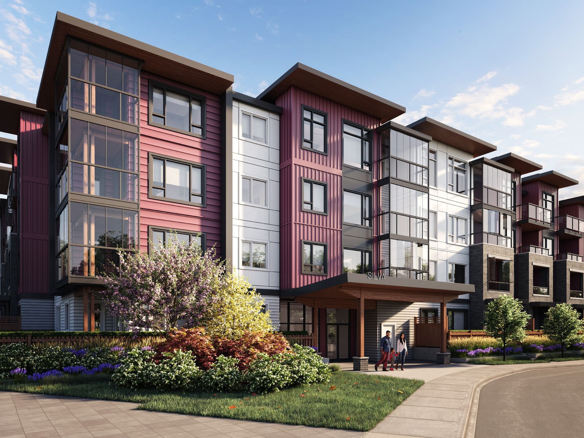 Real estate presales condo exterior rendering. Landscaping design. Sunny day time rendering.