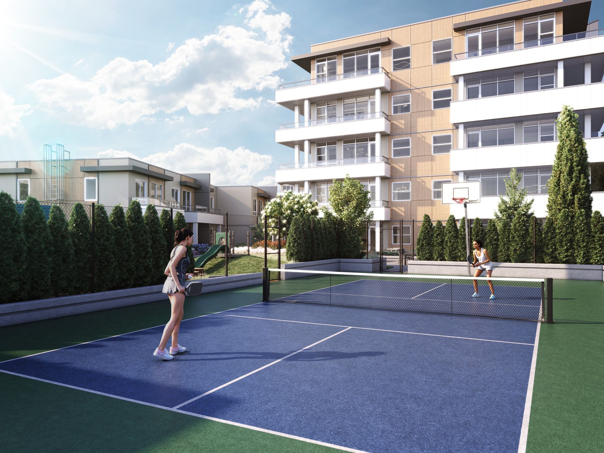 Real estate presale amenities rendering. Pickleball court. Realistic people in renderings. Sunny day time rendering.