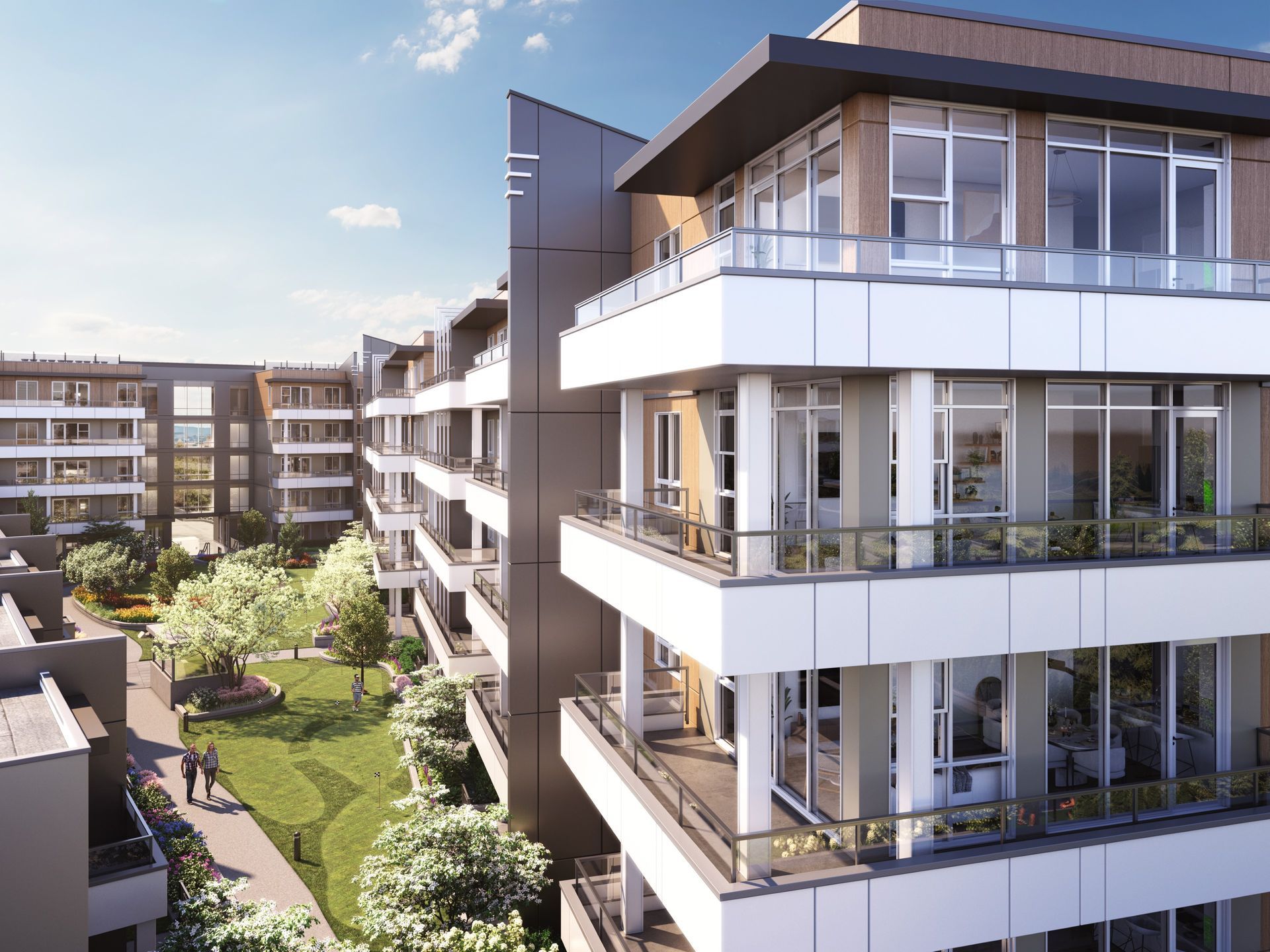 Real estate presale condo exterior rendering. Balcony view high detailed living room window. Sunny day time rendering.